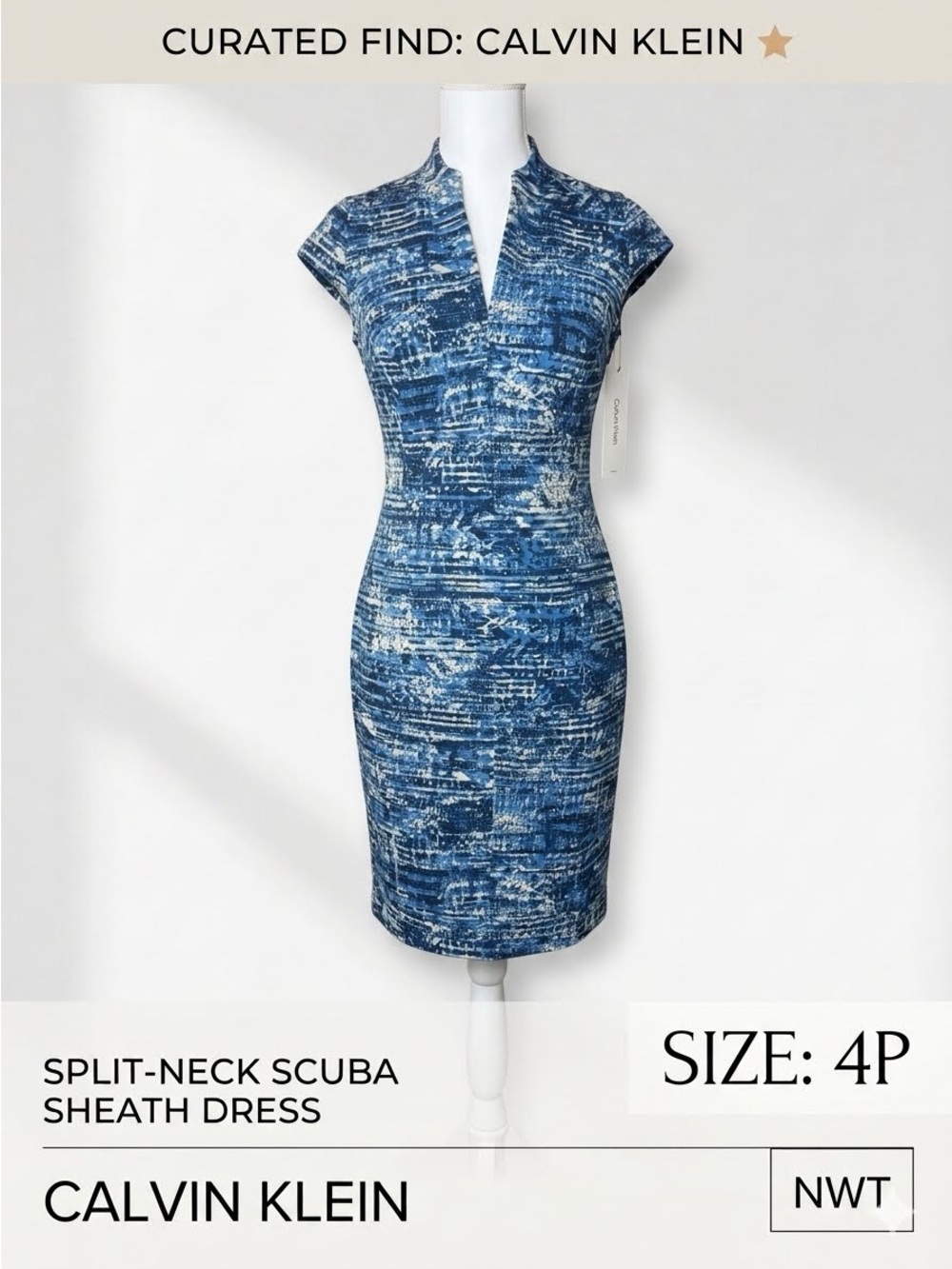 NWT Calvin Klein Blue Abstract Split-Neck
Scuba Sheath Dress Sz 4P